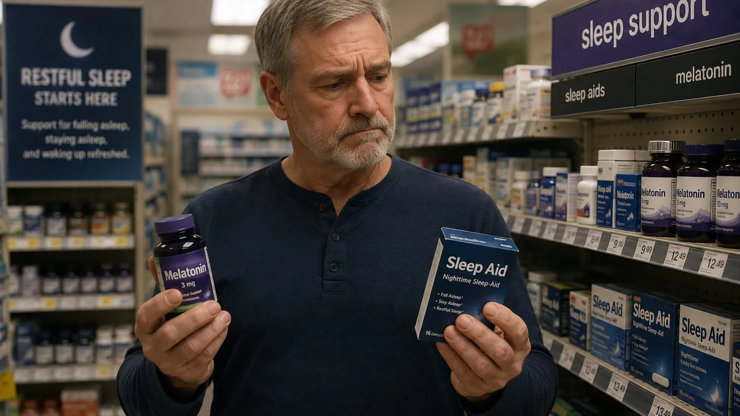 A middle-aged man compares two sleep-support options in a pharmacy aisle.