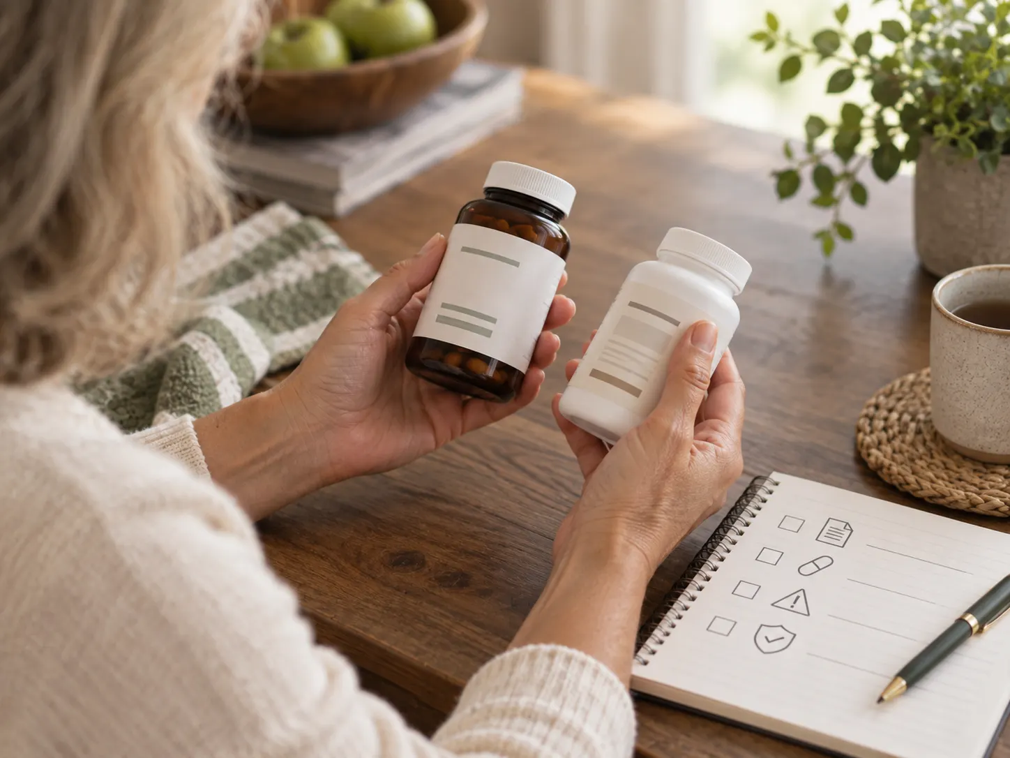 A close-up of a woman comparing the labels on two different supplement bottles, with a checklist notepad nearby.