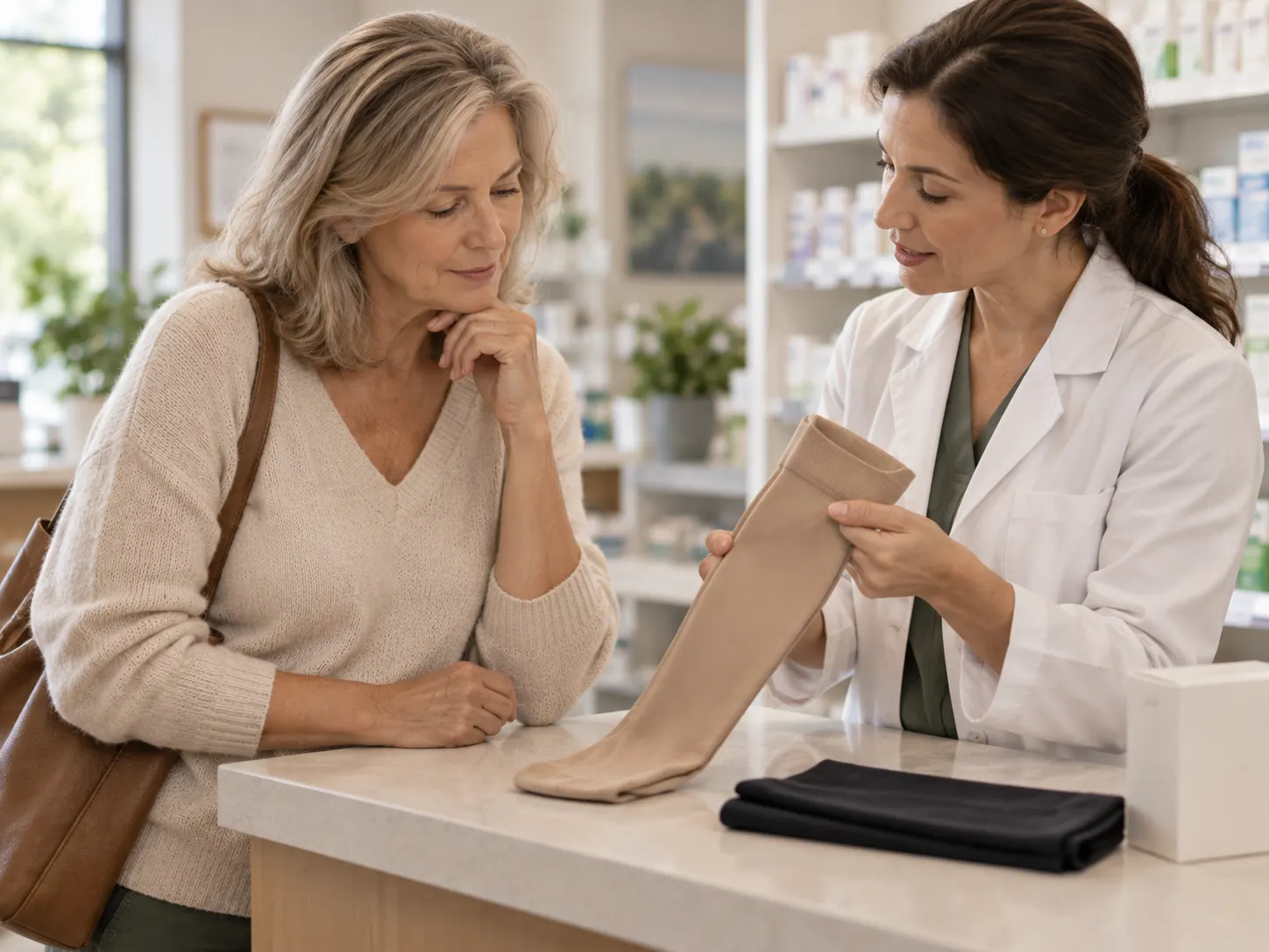 A pharmacist showing a compression stocking to a customer at a pharmacy counter.