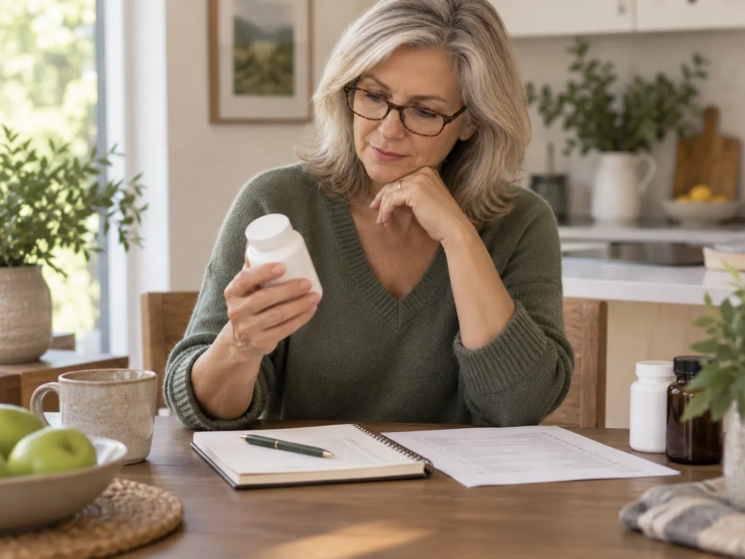 A woman at her kitchen table reviewing a supplement bottle alongside her notes.