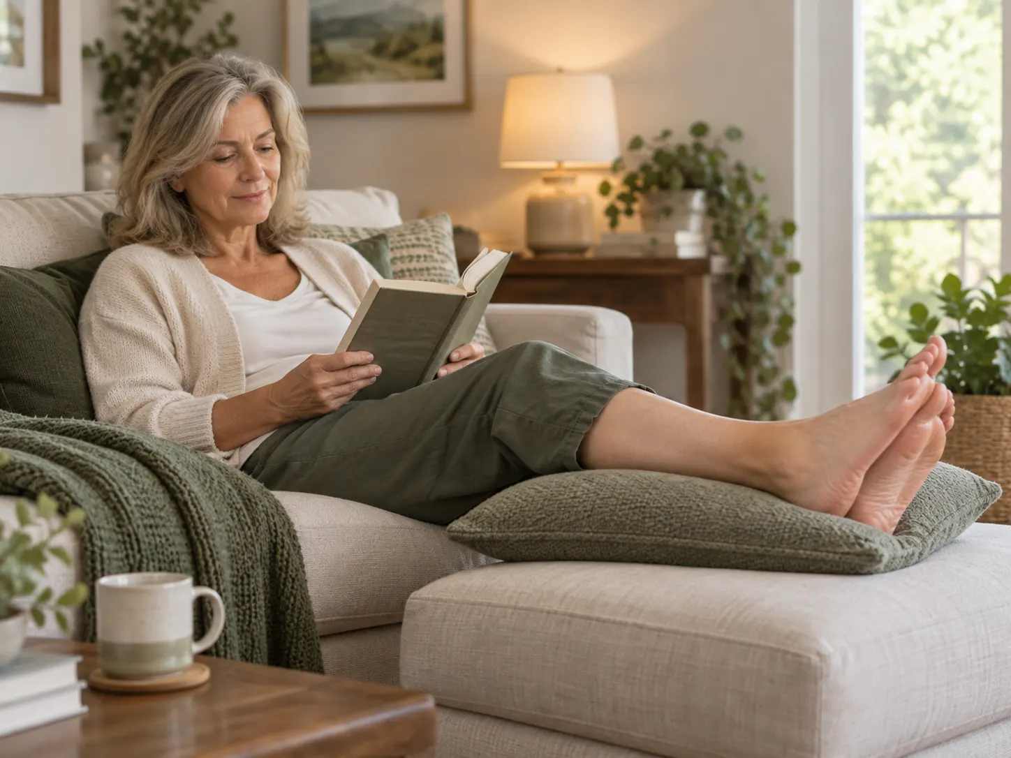 A woman relaxing on a couch at home, reading a book with her legs elevated on a cushion.